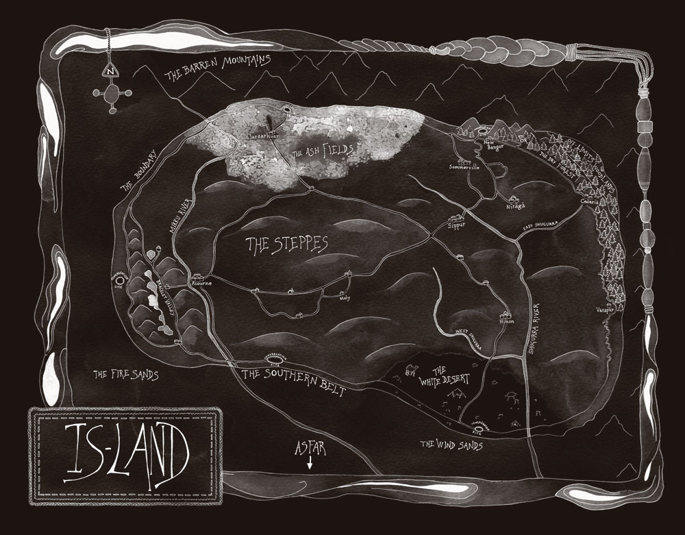 A hand-drawn map of Is-Land. Entirely surrounded by the Boundary Wall, the country is shaped a bit like a brain. To the west lies the chain of lakes in Bracelet Valley, to the North is the volcanic Ash Fields. To the South is the White Desert and to the East is the Dry Forest. The centre of the country is steppe-land, rich fertile soil between the Mikku and Shugarra rivers. The capital city, Atourne, lies on the banks of the Mikku. Map - ©Jo Fletcher Books/Morag Hood