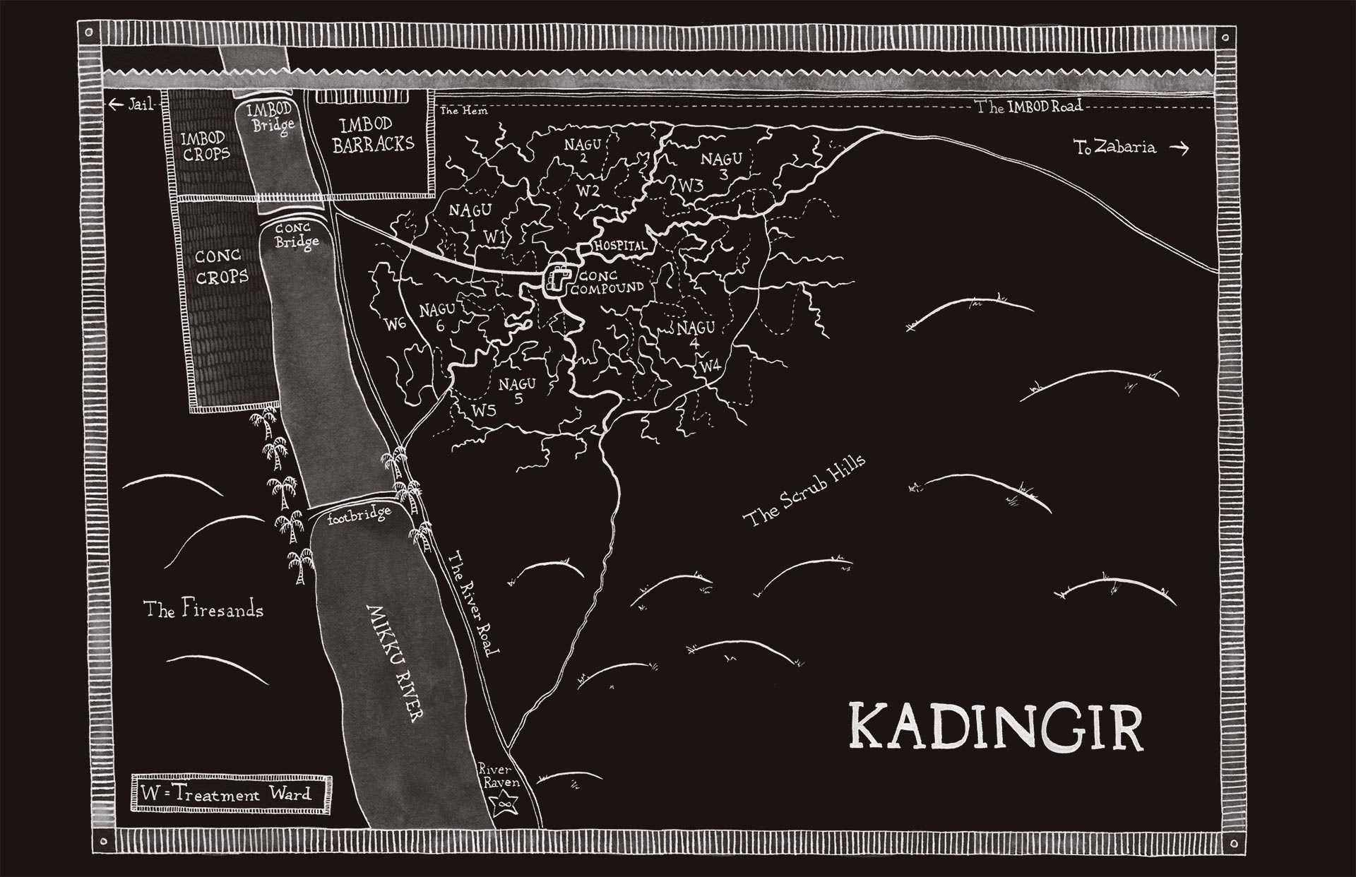 A hand-drawn map of Kadingir, the main refugee camp in Non-Land. Kadingir is a sprawling tent city on the east bank of the Mikku river and south of the Is-Land Boundary Wall. The river flows under the wall into Is-Land, and is guarded at this point by the IMBOD barracks, the heavily fortified headquarters of the Is-Land Ministry of Boundary Defence. South of Kadingir lies the sparsely vegetated Scrub Hills, and to the east lies the mining town of Zabaria, also controlled by IMBOD who operate a road along the so-called Hem of the Boundary Wall. - ©Morag Hood/Jo Fletcher Books
