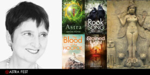 A collage of images: Naomi Foyle, a smiling white woman with short hair; the covers of The Gaia Chronicles: Astra, Rook Song, Blood of the Hoopoe and Stained Light; and a stone sculpted relief of a winged Mesopotamian goddess with claws for feet, considered to be Ishtar/Inanna.